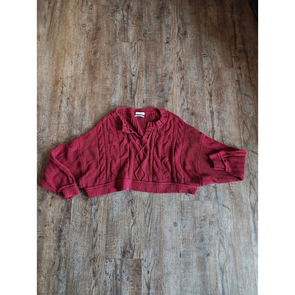 Urban Outfitters Burgundy Red Cable Knit Cropped V-Neck Sweater Womens Large